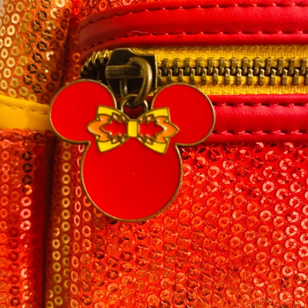 Loungefly Fall Sequin Ombré Minnie Red and Orange Sequin Backpack - Picture 4 of 16